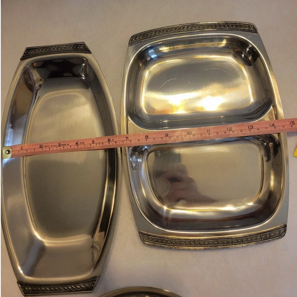 Vtg MCM Madeira Stainless‎ Serving Set Trays Divided Dish Bowl Floral Rim